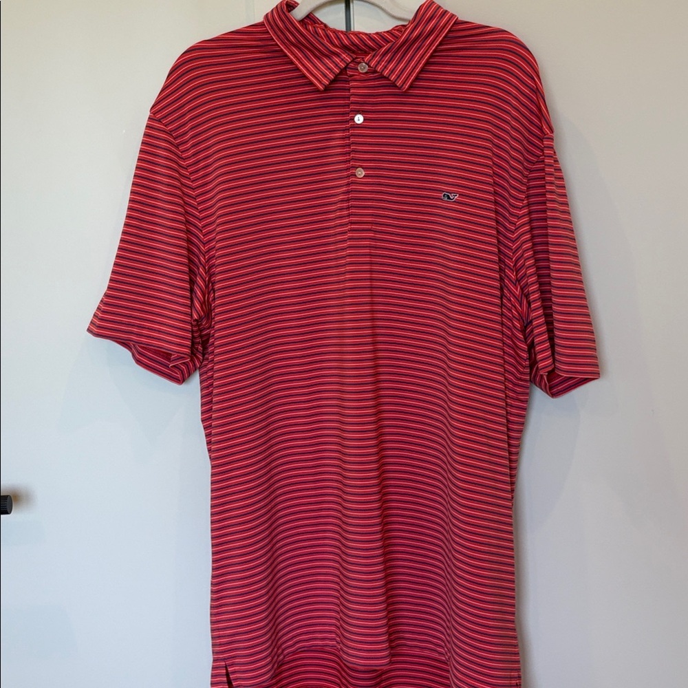 Vineyard Vines Red and Navy Narrow-Stripe Polo